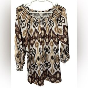 Chico's Women's Beige Brown Tan Aztec Print 3/4 Sleeve Tunic Top